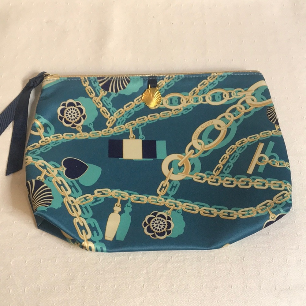 Estée Lauder Teal Chain-Print Cosmetic Zipper Pouch with Gold Seashell Charm